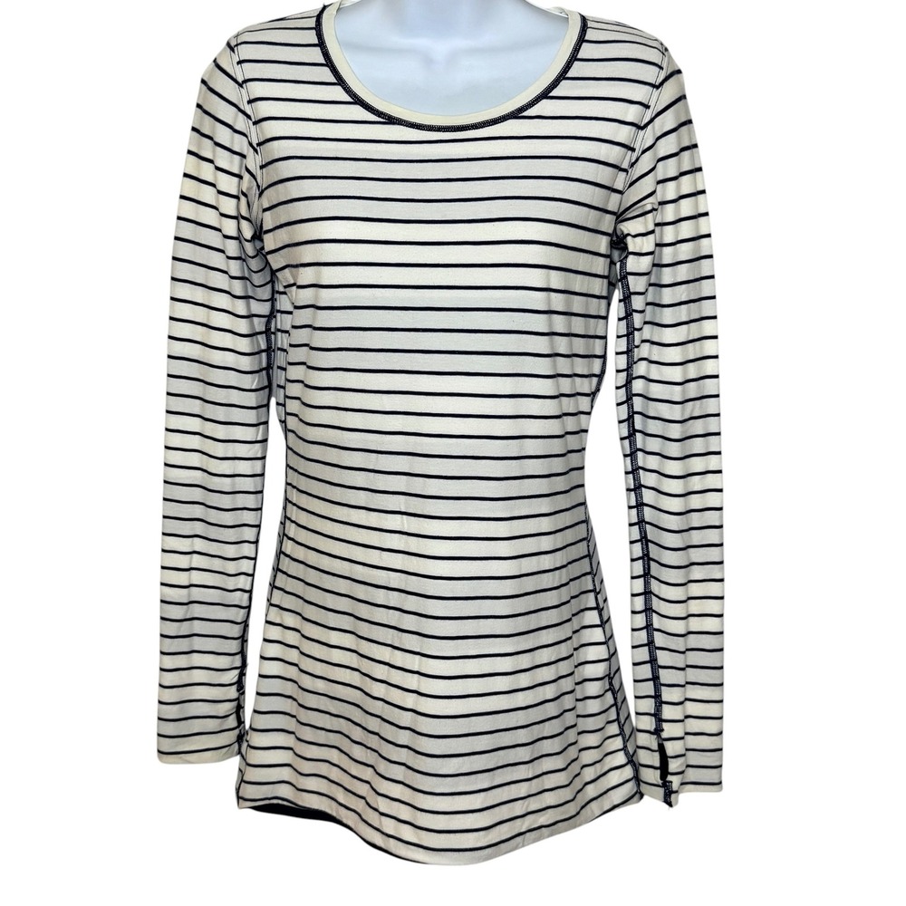 Lululemon Striped Long Sleeve Athletic Top White Navy Blue Thumbholes Womens S